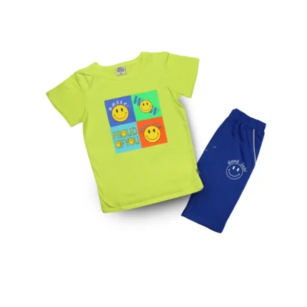 Boys Smiling Face Emoji Cotton T-Shirt with Cotton Short in 3 Offbeat Colors (2pc)