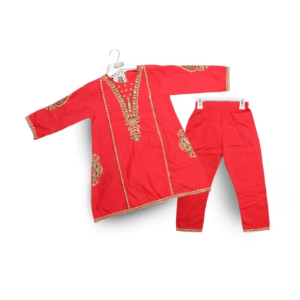 Girls Embroided Cotton Shirt with Cotton Trouser in Red Color (2pc)